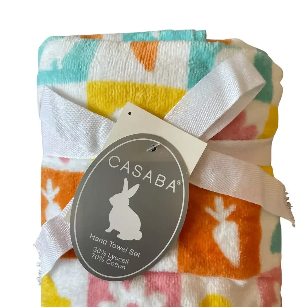 Set of 2 Casaba Easter Bath Hand Towels Multicolor Bunnies Carrots Chicks NEW